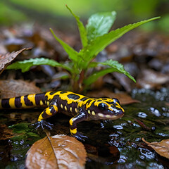 Fototapeta premium Luminous Salamander in Forest: A vibrantly patterned salamander perches on a wet rock, its black and yellow markings gleaming amidst fallen leaves and lush green foliage.