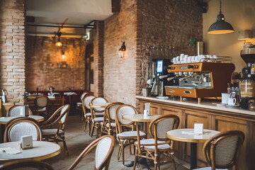 A cozy Parisianstyle cafe interior. Brick walls, wooden tables and chairs, and a gleaming espresso machine create a warm and inviting atmosphere.
