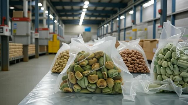  Freshly harvested green lima beans in plastic bags ready for packaging
