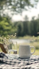 A serene outdoor setting featuring a glass of water and a mug beside delicate flowers.
