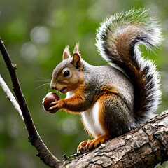 Obraz premium Squirrel with Acorn: A charming squirrel perched upon a branch, delicately cradling a ripe acorn. The squirrel is highlighted against the blurred background