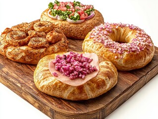 Artisan bagels and variety of baked doughs artfully displayed on a rustic wooden cutting board for culinary delight
