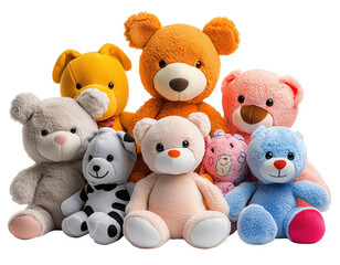 group of colorful plush teddy bears in various sizes and expressions, including orange, pink, blue, and gray, are arranged together, creating cheerful and cozy atmosphere