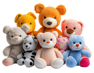 group of colorful plush teddy bears in various sizes and expressions, including orange, pink, blue, and gray, are arranged together, creating cheerful and cozy atmosphere