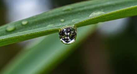 Close-up of a water droplet on a green leaf with blurred natural background