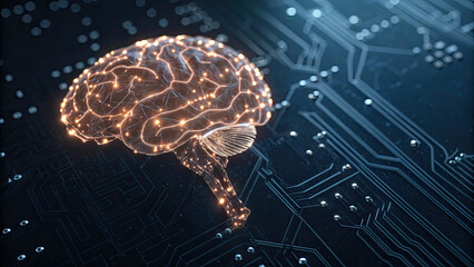 Glowing digital AI brain with intricate neural connections, symbolizing artificial intelligence, technology innovation, and data security concepts.