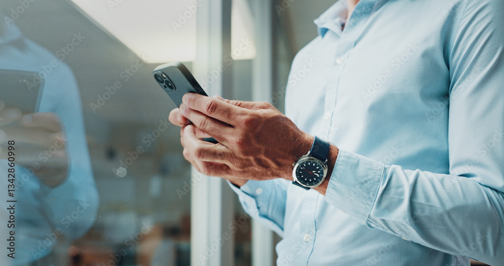 Poster hands, smartphone and texting by glass in office with reflection, contact and notification at startu