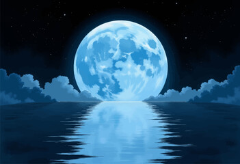 Blue Moon over Still Water Reflection at Night