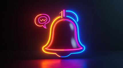 vibrant bell sign with chat notification icon, glowing in neon colors