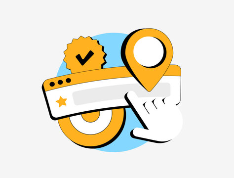 Trending search in browser address bar with SEO vector icon, search bar, location pin and verified badge. Symbolizing local search, online ranking and business visibility. Vector illustration