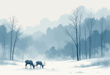 Naklejka premium Blue Winter Forest with Deer Grazing in Snow