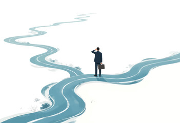 Obraz premium Businessman at a Crossroads Looks Ahead on a Winding Road