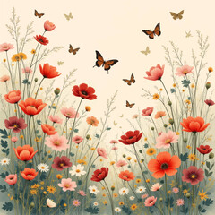 Obraz premium Butterflies amongst Poppy and Daisy Wildflower Meadow