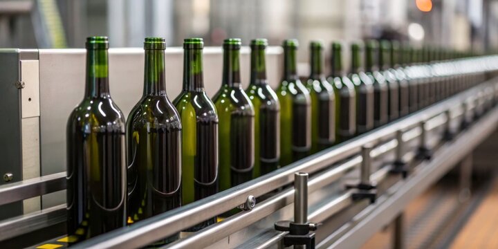 Bottles moving along conveyor belt in a wine production facility during the bottling process