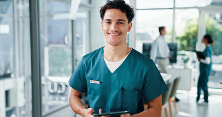 Happy man, portrait and nurse with tablet for medical research, schedule or appointment at...