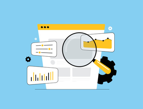 Website behavior analytics helps track customer data, improve engagement and optimize web analytics. Powerful tools analyze user actions and trends for better decisions. Vector illustration and icons