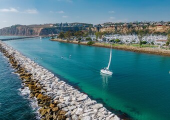 Sailboat navigates the channel in  Dana Point Harbor, Dana Point, California, USA. Paddleboarders...