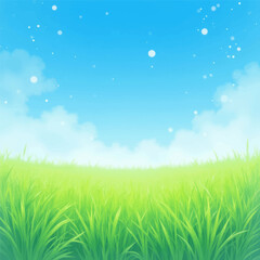 Fototapeta premium Cartoon meadow with sparkling sky and fluffy clouds