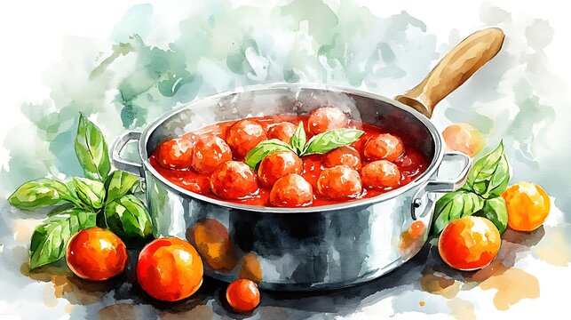 Watercolor Painting of Tomato Meatballs in a Pot