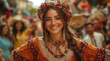 Fototapeta premium Basque woman in traditional dress performing the aurresku dance surrounded by spectators in a lively plaza captured with a prime lens