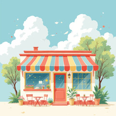 Charming storefront cafe with striped awning and outdoor seating