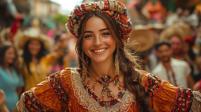 Basque woman in traditional dress performing the aurresku dance surrounded by spectators in a lively plaza captured with a prime lens