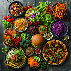 Savoury Collection of Vegan Delicacies – Salad, Burger, Soup, Spaghetti, and Pizza