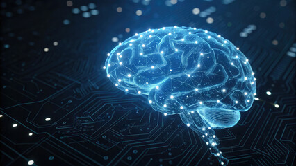Glowing digital AI brain with intricate neural connections, symbolizing artificial intelligence, technology innovation, and data security concepts.