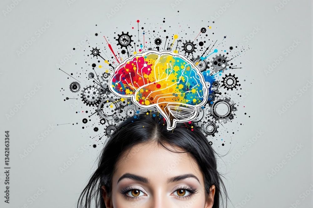 Poster creative abstract concept of human brain with colorful artistic elements.