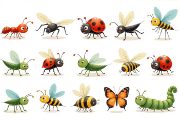 Cute Cartoon Insects: Bee, Ladybug, Ant, Fly, Caterpillar, Butterfly