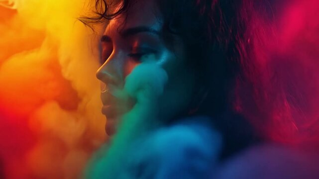 The girl model posed amidst colorful smoke, creating a vibrant and dynamic atmosphere for the photoshoot.