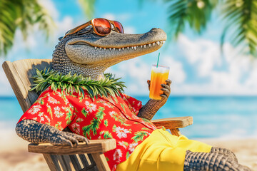 An anthropomorphic crocodile dressed in a Hawaiian shirt sits peacefully on a beach chair under a coconut tree. Perfect for summer vacation ads, travel promotions and fun marketing