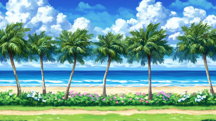 Fototapeta premium serene beach scene with palm trees and vibrant flowers under bright sky
