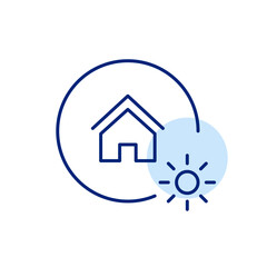 House and sun. Solar energy, sustainable power, smart home temperature and lightning control. Pixel perfect, editable stroke icon