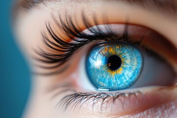 Fototapeta premium Extreme close-up of a vibrant blue human eye with intricate details.
