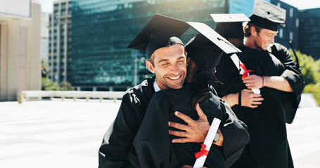 City, graduation and hugging with student friends outdoor for celebration or education event....
