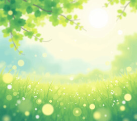 Obraz premium Dreamy green meadow with bokeh and sunny sky 