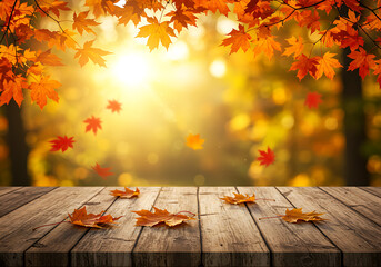 Autumn Leaves on Rustic Wooden Table with Warm Golden Sunlight, seasonal autumn theme 