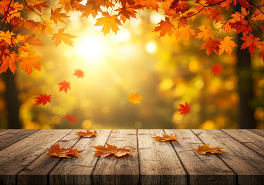 Autumn Leaves on Rustic Wooden Table with Warm Golden Sunlight, seasonal autumn theme 