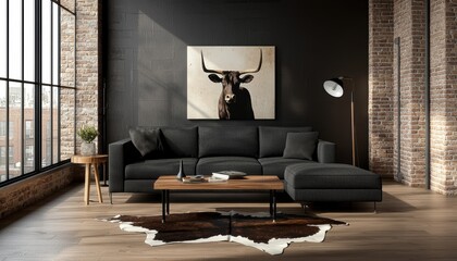 Americana-inspired loft interior, dark wood furniture, cowhide rug, vintage Wild West artwork, distressed walls, industrial accents, warm and nostalgic lighting