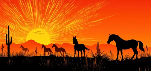 Bohemian desert motif, horses, cacti, and sun rays, muted earth tones, distressed texture, southwestern folk art inspiration