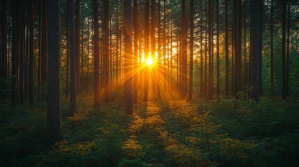 Naklejka premium Forest Sunset: Golden Rays