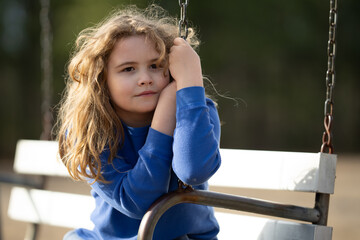 Child mind full of imagination. Blonde child thinking peacefully. Little dreamer. Child imagining concept. Outdoor kids portrait. Dreamy child face. Kids dreamy expression. Kids face with inspiration.