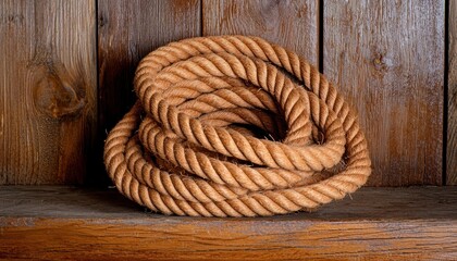 Obraz premium Coiled lasso rope resting on vintage wooden shelf, Western ranch theme, natural fiber textures, rodeo equipment, rustic Americana aesthetic, warm earthy tones