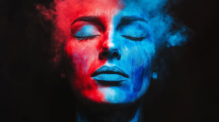 striking portrait of person with face paint in red and blue, surrounded by colorful smoke