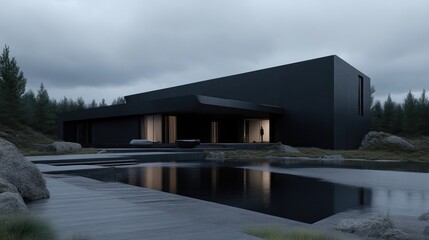 Obraz premium Modern, minimalist home with a dark exterior, nestled among nature, featuring a pool and landscaping