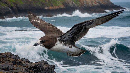 Naklejka premium Flock of Petrels Soaring in Sync Above the Choppy Ocean Waters