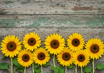 Obraz premium Fresh Sunflowers Arranged on Aged Wood with Peeling Paint background 