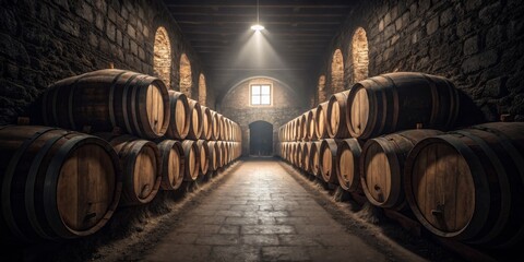 Old stone cellar with wooden barrels arranged in rows and a soft light shining through a window
