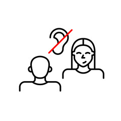 Woman and man in conversation or interview and crossed out ear. No eavesdropping, confidential information shared. Hearing-impaired or deaf people assisted workplace or romantic date. Pixel perfect, e